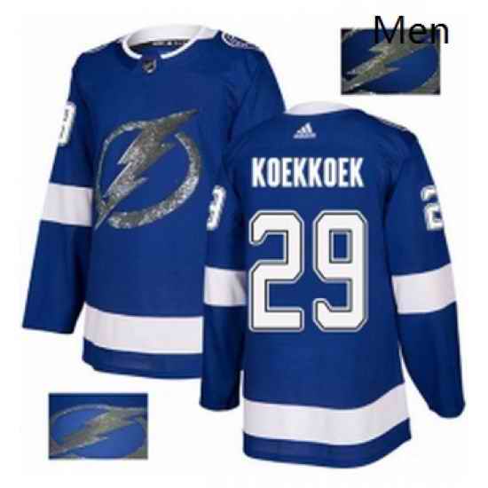 Mens Adidas Tampa Bay Lightning 29 Slater Koekkoek Authentic Royal Blue Fashion Gold NHL Jersey
